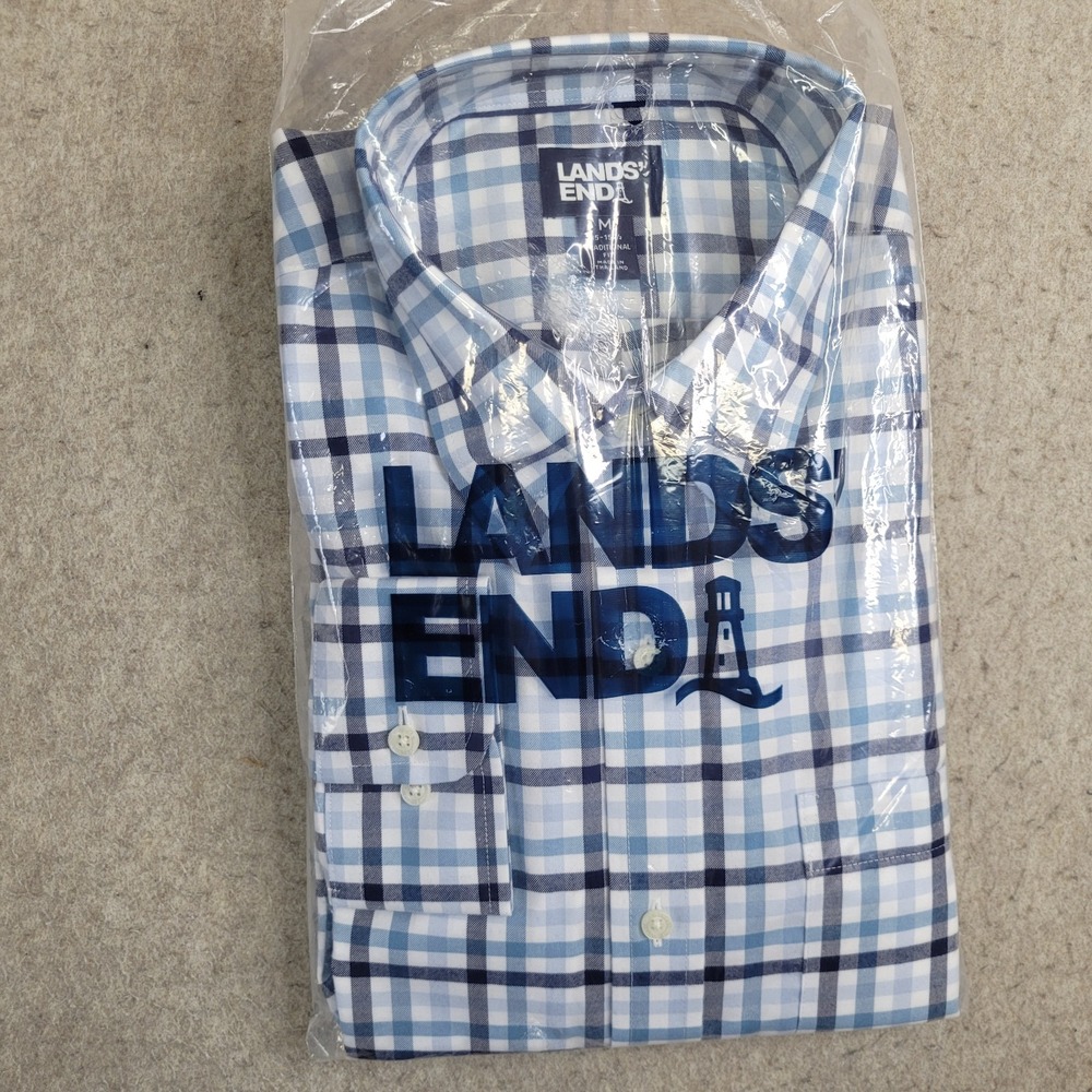 Lands End Dress Shirt Mens 15-15.5 M Blue Plaid Long Sleeve Traditional Fit NEW‎